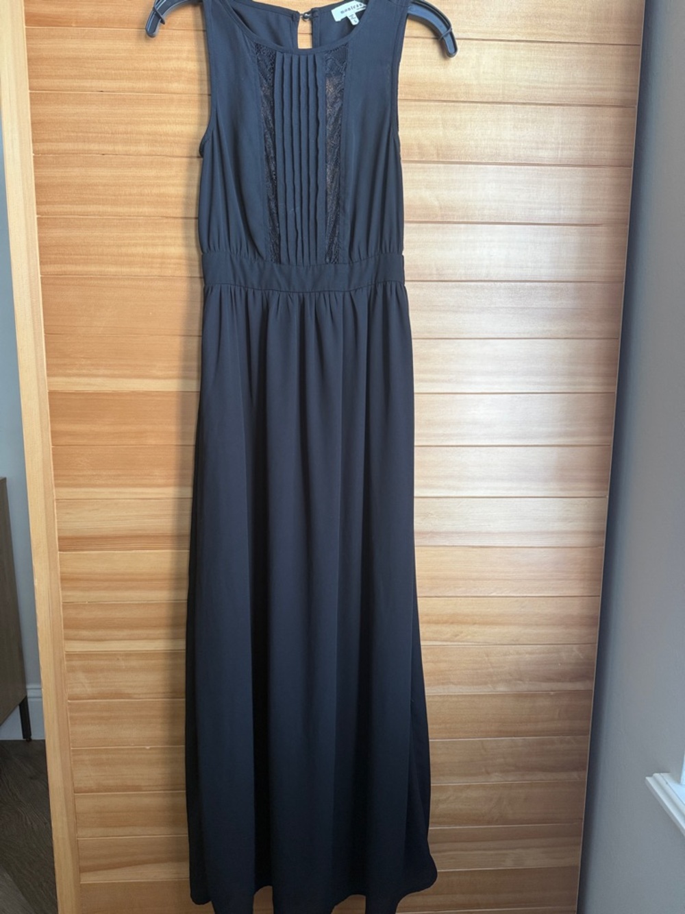 Monteau Black Sleeveless Maxi Dress with Pintuck and Lace Inserts